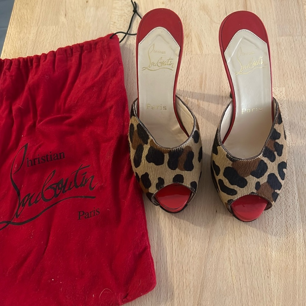 Christian Louboutin Sabotage Leopard Pony Hair Peep Toe Mules